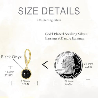 925 Sterling Silver 8mm Pearl Dangle Drop Earrings Moonstone Larimar Opal Rose Quartz Black Pearl Leverback Earrings for Women Christmas Gifts for Her - style: Black Onyx Earrings Golden