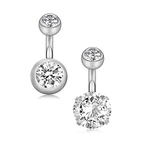 YHMM 14G 6mm Short Bar, 10mm Normal Bar Stainless Steel Belly Button Rings Round Cubic Zirconia Navel Barbell Stud Body Piercing - color: 10mm bar,2Pcs Silver
