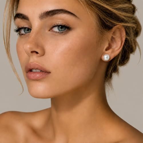 Pearl Earrings Hypoallergenic, Handpicked 18K Gold Plated Sterling Silver | Freshwater Cultured Pearl Stud Earrings Flat Back for Sensitive Ears, 8-14mm, Nickel Free, Non Tarnish Gift Pouch - size: 10mm