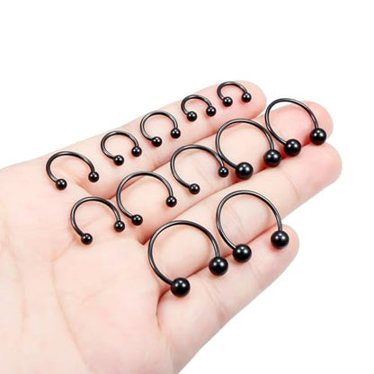 Hoeudjo 16G Septum Rings Stainless Steel Horseshoe Hoop Ring Lip Rings Hoop Smiley Piercing Jewelry for Women Men Diameter 6mm 8mm 10mm 12mm 14mm 16mm - color: black