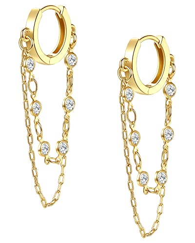 Tassel Chain Small Gold Hoop Dangle Earring For Women Huggie Earring Heart Star CZ 14K Gold Plated Fashion Jewelry Graduation Gift for Her Mothers Day Gifts for Mom - color: Circle-Gold
