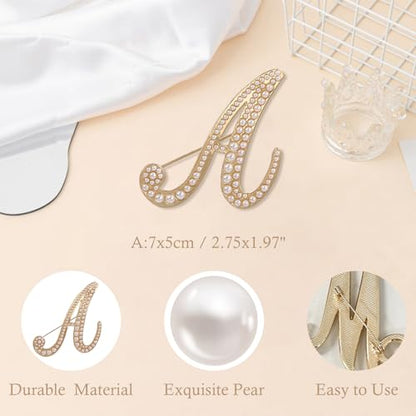 A-Z Initial 26 Letter Brooch Pins, Gold Faux Pearl Alphabet Badges Breastpin for Hat Bag Dress Coat Suit Accessory, Elegant Name Personalized Gifts for Women Men - color: A