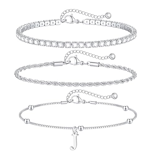 Gold Bracelets for Women Girls - Dainty Gold/Silver Bracelet Stack Jewelry Set Personalized Initial Bracelets Cute Stackable Rope Box Chain Tennis Bracelets Gifts for Women Teen Girl Gifts - color: J-Silver