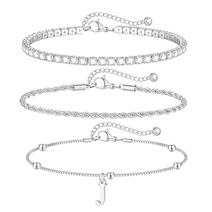 Gold Bracelets for Women Girls - Dainty Gold/Silver Bracelet Stack Jewelry Set Personalized Initial Bracelets Cute Stackable Rope Box Chain Tennis Bracelets Gifts for Women Teen Girl Gifts - color: J-Silver