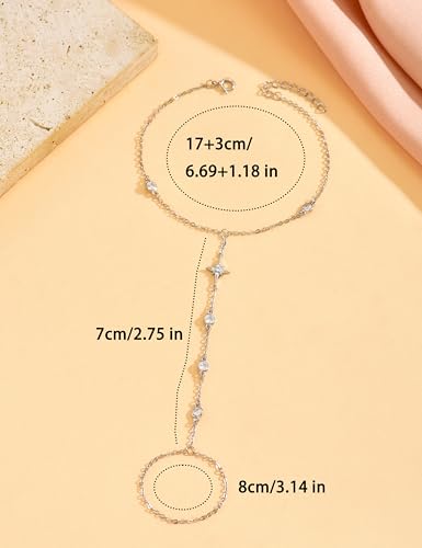 925 Sterling Silver Hand Chain Bracelet for Women | 14k Gold Plated CZ Crystal Heart Starburst Ring Bracelets Hand Chain Diamond Layered Stackable Link Chain Beach Jewelry Gifts - color: SilverB