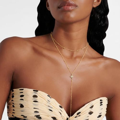 Lariat Necklaces for Women - Dainty Long Necklace Trendy 14K Gold Plated Hypoallergenic Layered Long Y-Shape Sunburst CZ T-Bar Pendant Drop Chain Necklace Set for Women Non Tarinsh Jewelry - style: layered bead sunburst-gd