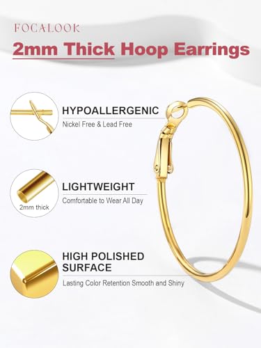 FOCALOOK 14K Gold Plated Lightweight Large Hoops| 2mm Thin Hoop Earrings for Women 30/40/50/70/100mm - color: 01.Gold, size: 40mm