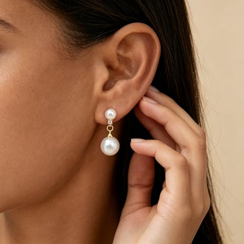 Pearl Earrings for Women Trendy, 14k Gold Plated Freshwater CZ Leaf Pearl Dangle Drop Gold Earrings Lightweight Hypoallergenic Stud Earring Bridesmaid Wedding Gold Jewelry for Women Gifts - style: two pearl earrings