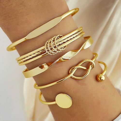 CHICUTIE Gold Bangles Bracelets For Women, 14k Gold Plated Stackable Open Cuff Bracelet Set Charms Trendy Lightweight Elegance Minimalist Textured Boho Jewelry Gift for Women - style: Gold 3