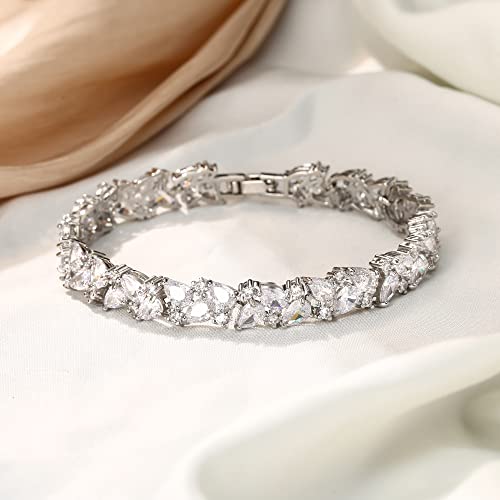 Crysdue Marquise Teardrop Cubic Zirconia Wedding Bridal & Prom Tennis Bracelets for Brides Bridesmaids, Silver/Gold/Rose Gold Plated Bracelet Gifts for Women - style: A_Silver Tone 7.5"
