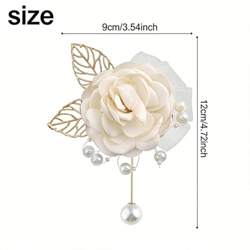 Handmade Elegant Red Rose Flower Brooch Pin for Women Crystal Pearl Fabric Flower Lapel Pin Dress Suit Accessories - color: White B