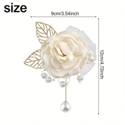 Handmade Elegant Red Rose Flower Brooch Pin for Women Crystal Pearl Fabric Flower Lapel Pin Dress Suit Accessories - color: White B