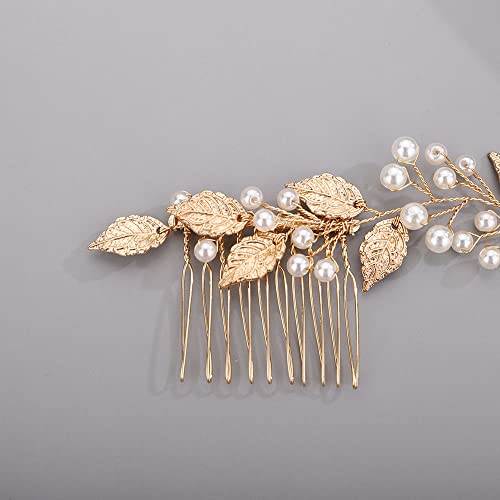 Chargances Bridal Pearl Crystal Hair Vine Comb Wedding Gold Long Headband Hair Comb Fashion Handmade Headpiece Bridal Hair Accessories for Wedding Prom Flower Girl (Gold) - color: Gold