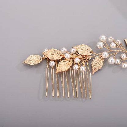 Chargances Bridal Pearl Crystal Hair Vine Comb Wedding Gold Long Headband Hair Comb Fashion Handmade Headpiece Bridal Hair Accessories for Wedding Prom Flower Girl (Gold) - color: Gold
