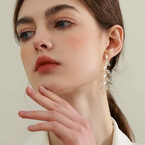 Gold/Silver Clip on Earrings Non Pierced for Women - 14K Gold Plated Long Tasse Drop Dangle Clip Earrings - Cubic Zirconia Leaf Earrings for Women Gold Wedding Jewelry Gifts - color: Gold-pearl