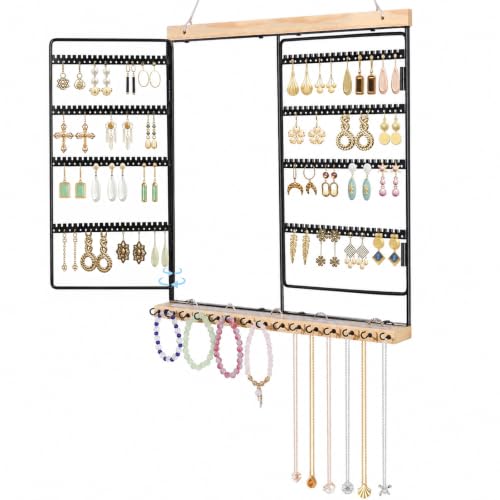 Hanging Jewelry Organizer 4-Tier Wall Earring Holder for Necklaces, Rings | Natural wood & solid metal wall jewelry rack , Dual earring grid slots & bottom hooks store earrings, bracelets