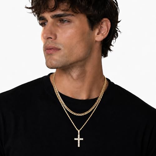 Fiusem Layered Cross Necklace for Men, Stainless Steel Cuban and Rope Chain | Silver Tone/14K Gold Plated Mens Necklace Chain with Cubic Zirconia Cross Pendant - color: Gold, size: 16/18 inches