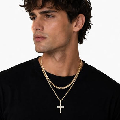 Fiusem Layered Cross Necklace for Men, Stainless Steel Cuban and Rope Chain | Silver Tone/14K Gold Plated Mens Necklace Chain with Cubic Zirconia Cross Pendant - color: Gold, size: 22/24 inches