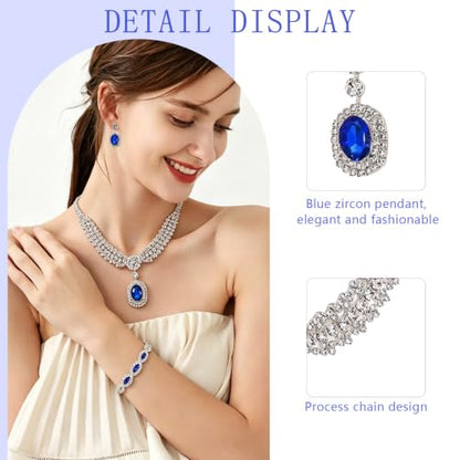 3-Piece Royal Blue Bridal Jewelry Sets Necklace Earrings Bracelet for Women Wedding Prom Accessories