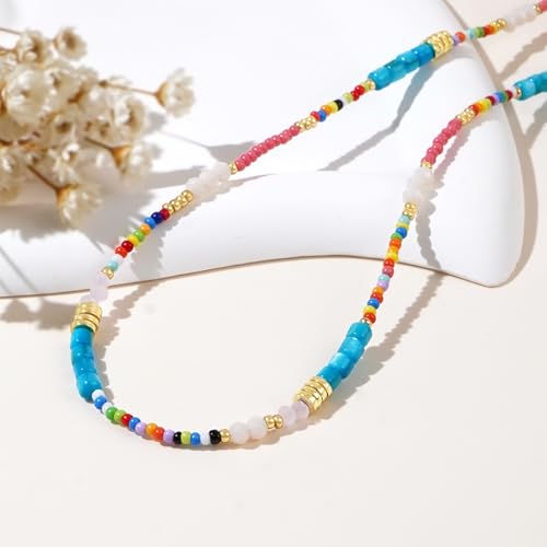 Gold Seed Beaded Necklaces for Women, Boho Handmade Adjustable Colorful Beads Choker Summer Beach Jewelry Gift. - color: Blue Pink