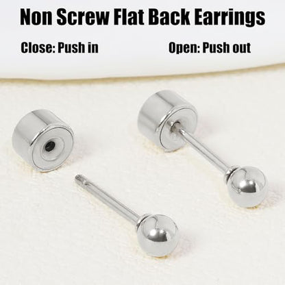 Sweetkiki Threadless Flat Back Earrings, 14K Gold Plated Ball Stud Earrings Hypoallergenic | Cartilage Earring | Helix Piercing Jewelry | Tragus Piercing Jewelry | Push in Flatback Earrings for Women Men - color: Silver, size: 3 Millimeters