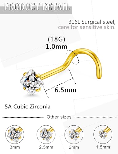 18G 20G 14K Gold Filled Nose Rings Studs Piercing Jewelry For Women Men 316L Surgical Steel Round Square Cubic Zirconia Nose Rings Studs Nostrial Piercing Jewelry CZ 1.5mm 2mm 2.5mm 3mm - color: 14K Gold Plated, size: 18 Gauge-Screw-Square CZ