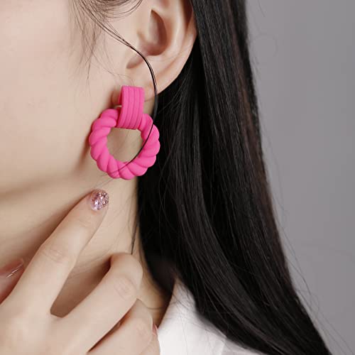 RUOFFETA Rectangle Earrings for Women, Acrylic Square Earrings Twisted Geometric Statement Jewelry - color: Hot Pink Round
