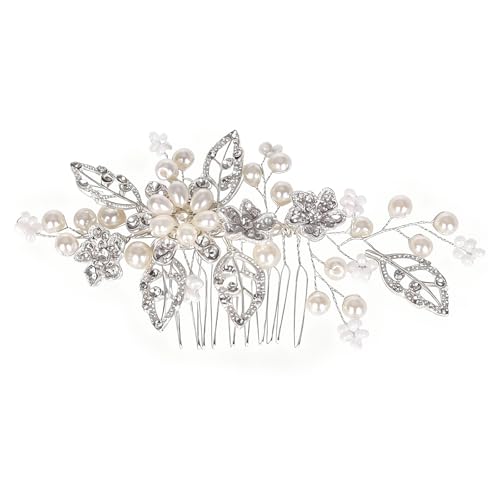 Flower Leaf Design Wedding Hair Comb, Metal Bridal Hair Accessory with Rhinestone, Wedding Prom Hair Clip Headpiece for Women (Silver Flower) - color: Silver Flower