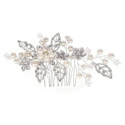 Flower Leaf Design Wedding Hair Comb, Metal Bridal Hair Accessory with Rhinestone, Wedding Prom Hair Clip Headpiece for Women (Silver Flower) - color: Silver Flower