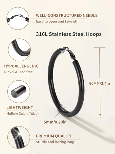 FindChic Hoop Earrings for Women, Silver/Black/14K Gold Plated Hypoallergenic Hollow Round Tube Loop Earrings, 20mm/30mm/40mm/60mm/80mm Chunky Hoops with Custom Name Options & Gift Box - color: a.Black, size: 60MM