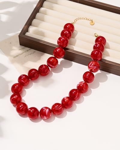 Colorful Chunky Beaded Necklaces for Women Trendy Large Bead Statement Necklace Boho Resin Bead Choker Summer Beach Jewelry Gifts Accessories - color: Red