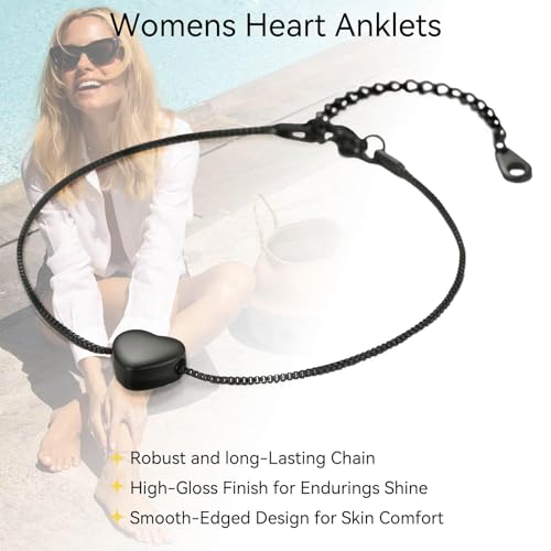 ChainsHouse Ankle Bracelets for Women, Stainless Steel Beaded Chain Ankle Bracelet, Womens Heart Anklets for Summer Beach Jewelry Gifts - color: T: heart-black