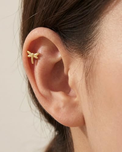 Flat Back Earrings for Women Cartilage Helix | Comfortable Dainty Cute Dragon Bee Bird Phoenix Dragonfly Cute Animal Leaf Spiral Rhombus Design Flatback Stud Earrings - color: Gold Dragonfly