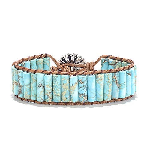sedmart 7 Chakra Bracelets for Women with Real Stones Leather Wrap Healing Bead Bracelet Women Men Boho Friendship Jewelry - color: A4 Colorful flower button & Turquoise