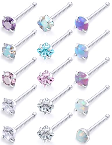 Hoeudjo Opal Nose Studs Surgical Steel Nose Rings Studs Cubic Zirconia L Shaped Nose Piercing Jewelry for Women 20G 18G - color: straight nose studs,18g