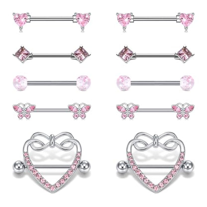 AceFun 5 Pairs 14G Nipple Rings Stainless Steel Heart Butterfly Bow Opal Flower CZ Stud Barbell Set Cute Nipplerings Shields Piercing Jewelry for Women Pink Blue Red Tone Body Jewelry - color: Pink