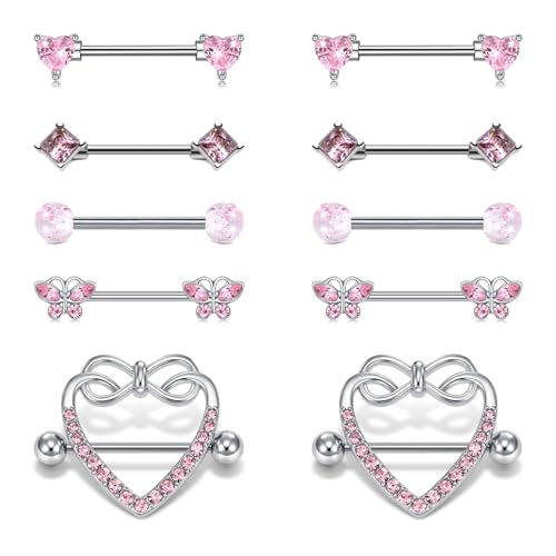 AceFun 5 Pairs 14G Nipple Rings Stainless Steel Heart Butterfly Bow Opal Flower CZ Stud Barbell Set Cute Nipplerings Shields Piercing Jewelry for Women Pink Blue Red Tone Body Jewelry - color: Pink
