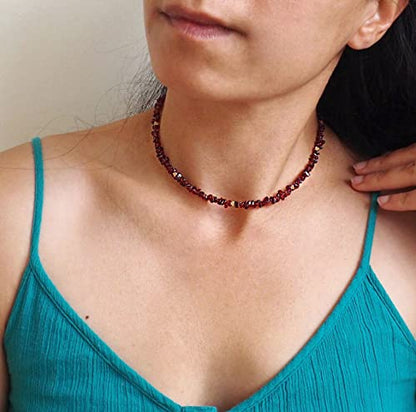 Aobei Pearl Gemstone Beaded Choker Necklace for Women Boho Turquoise/Cultured Freshwater Pearls/Garnet/Amazonite Jewelry - color: C Dark-red Garnet