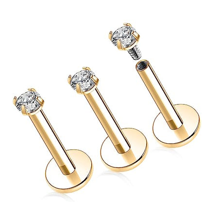 GAGABODY G23 Titanium 16G 6/8/10mm Clear CZ/Opal Internally Threaded Labret Monroe Lip Studs 6mm Helix Cartilage Tragus Earring Piercing - color: 16G-3Pcs-Gold-Length:10mm CZ:2mm