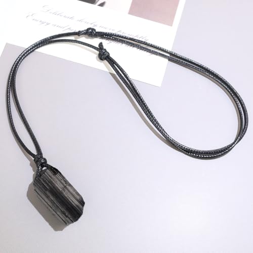 FANASY Natural Raw Crystal Necklace for Women Irregular Stone Necklaces Spiritual Gemstone Pendant with Adjustable Rope - color: Black Tourmaline