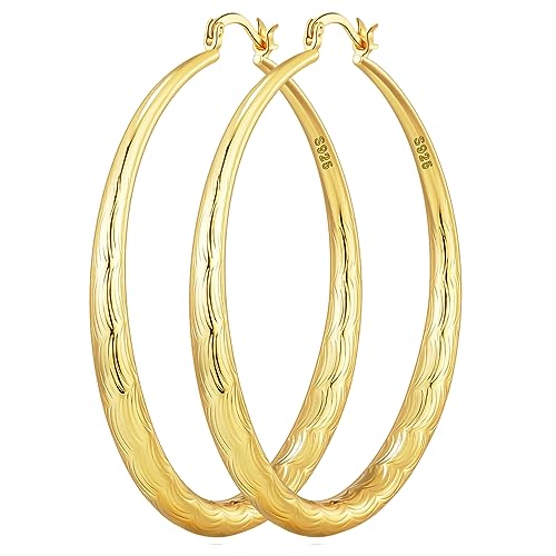 OOOPEL 925 Sterling Silver Hoop for Women Gold Hoop Earrings Hypoallergenic Diamond-Cut Ripples Designed - Non Tarnish Large Hoop Earrings(30/40/50/60/70mm) - color: Gold-60mm