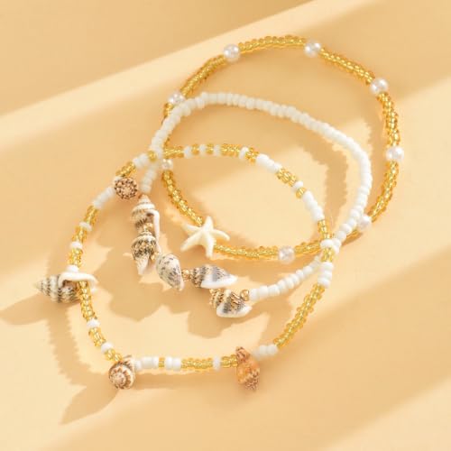 DATOA Boho Ankle Bracelets Set for Women Layered Beaded Seashell Turtle Conch Foot Chain Hawaiian Summer Beach Anklet Vacation Jewelry - color: 3Pcs White