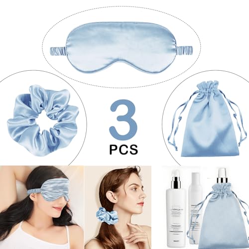 3Pcs Satin Eye Mask Silk Sleep Masks Set Silky Blindfold Eyeshade Blackout Eyes Cover Pouches Bag Scrunchy Wedding Gift - color: Azure