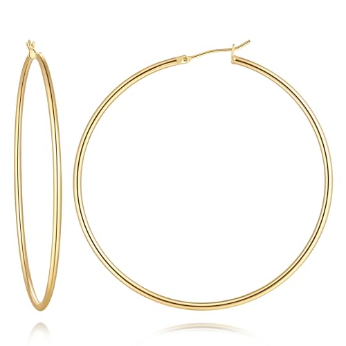 14K Gold Hoop Earrings for Women 14K Gold Earrings for Women | Gold Hoop Earrings for Women Classic Hypoallergenic Lightweight Hoop Earrings for Women 14/16/18/20/25/30/35/40/45/50/60/70mm - size: 60mm