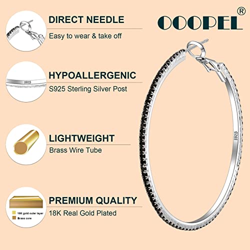 925 Sterling Silver Earrings Large Rhinestone Hoop Earrings Big Cubic Zirconia Hoop Earrings Thin Rhinestones Round Hoop Earrings for Women 20/30/40/50/60/70mm Sparkly Hoops With Crystals for Womens - color: black,50mm