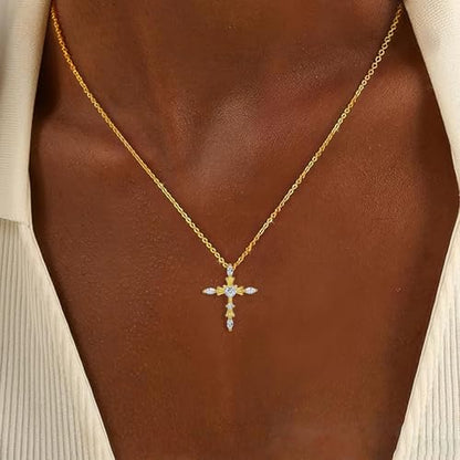 14K Gold Plated | 14K Platinum Plated Necklace for Women Necklace Earrings Set with Sparkling Zircon Inlay and Silver Post Earrings - color: Cross set Gold