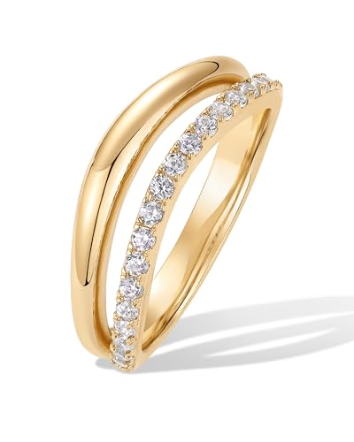 PAVOI 14K Gold Plated Wavy Split Ring - Wave Gold Stackable Rings for Women with Cubic Zirconia - Dainty Wedding Band - Trendy Bridal Fashion Jewelry - color: Yellow Gold