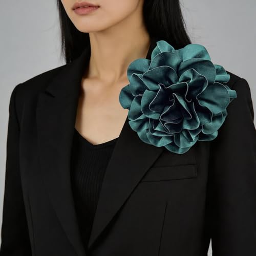 Dainty Satin Fabric Rose Flower Brooches 7.5in Extra Large Big Camellia Flower Brooches Lapel Pins for Women Wedding Party Dance Dress Clothes Accessories - color: Green