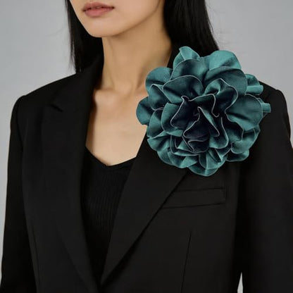 Dainty Satin Fabric Rose Flower Brooches 7.5in Extra Large Big Camellia Flower Brooches Lapel Pins for Women Wedding Party Dance Dress Clothes Accessories - color: Green
