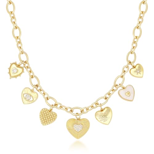 Charm Necklace for Women Gold Evil Eye Sun Moon Flower Coin Pendant Necklace Dainty Paperclip Chain Vintage Luck Amulet Choker Necklaces Celestial Jewelry Gift - style: 7 Charms- Heart,Evil Eyes